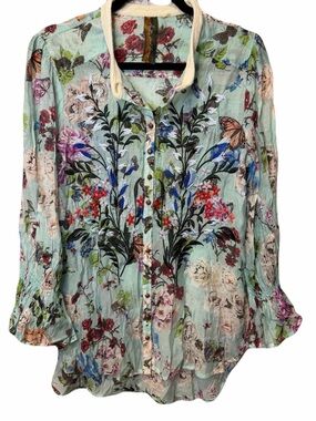 Aratta Silent Journey Medium Blue Floral Butterfly Embroidered Beaded Top